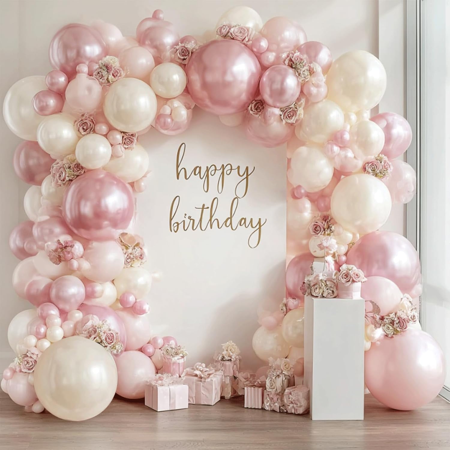 Pink and White Balloons Arch Kit,Double Stuffed Pearl Light Pink Metallic Pink Balloon Sand White Beige Ivory Balloons Garland for Birthday Wedding Valentine's Day Bridal Shower Party Decor