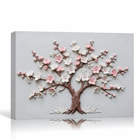 Pink White Blossom Tree Wall Art Floral Relief Canvas Print Spring Flowers Gallery Wrapped Canvas Bedroom Decor 12"L x 8"W