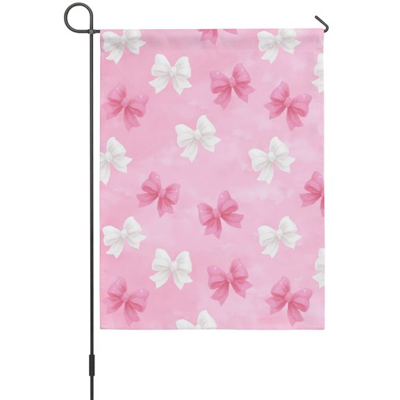 Pink and White Bow Garden Flags For Outdoor, Cute Bowknot Kawaii Small Double Side Yard Flags Weather Proof Garden Decor for Lawn Outside Holiday 12 x 18 Inches