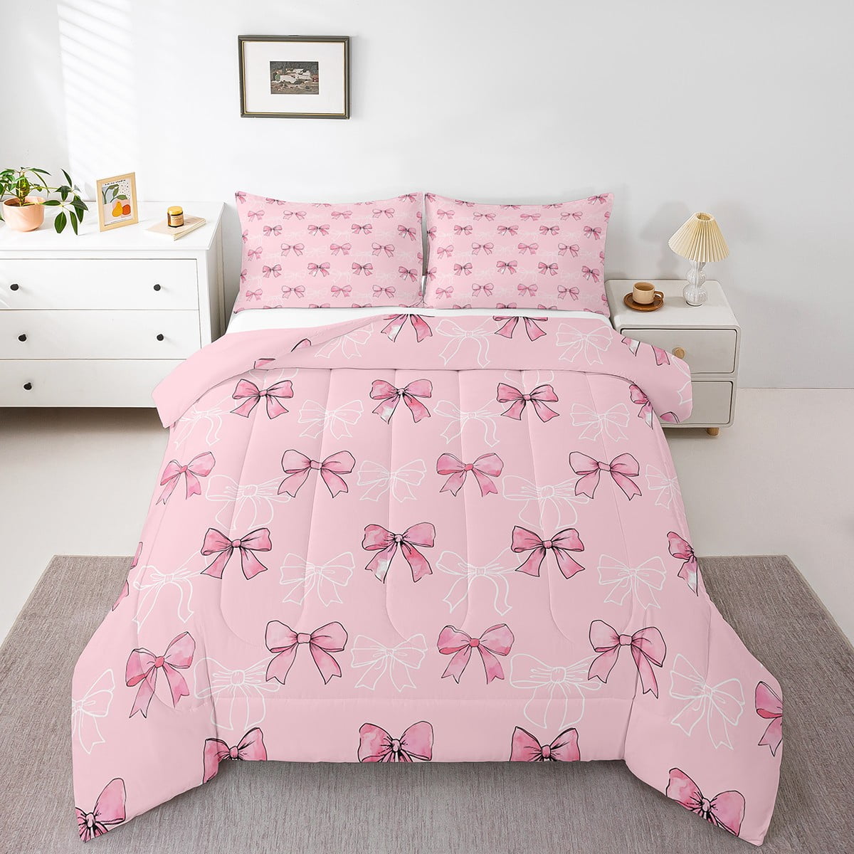Pink White Bow Tie Full Comforter Set,Cute Bowtie Princess Bedding Set ...