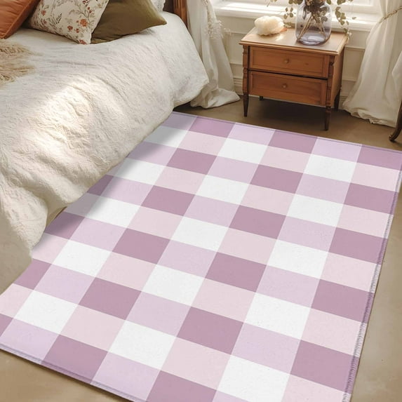 Pink White Buffalo Check 2.7x5 Area Rugs, Farmhouse Plaid Modern Geometric Non-Skid Rubber Backing Large Rectangle Rugs - Living Room Bedroom Home Office, Indoor Floor Mat Carpets Washable Rug