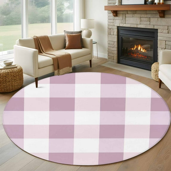 Pink White Buffalo Check 8ft Round Rug, Farmhouse Plaid Modern Geometric Non-Skid Rubber Backing Large Area Rugs - Living Room Bedroom Home Office, Indoor Floor Mat Carpets Washable Rug