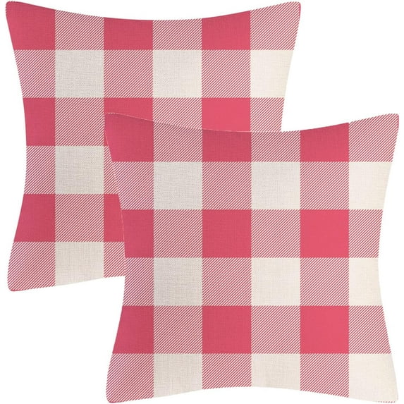 Pink and White Buffalo Check Plaid Throw Pillow Cover Farmhouse Decorative Throw Pillow Case Indoor Outdoor Cushion Cover Linen Pillowcase for Couch Living Room Bedroom 16 x 16 Inch Set of 2