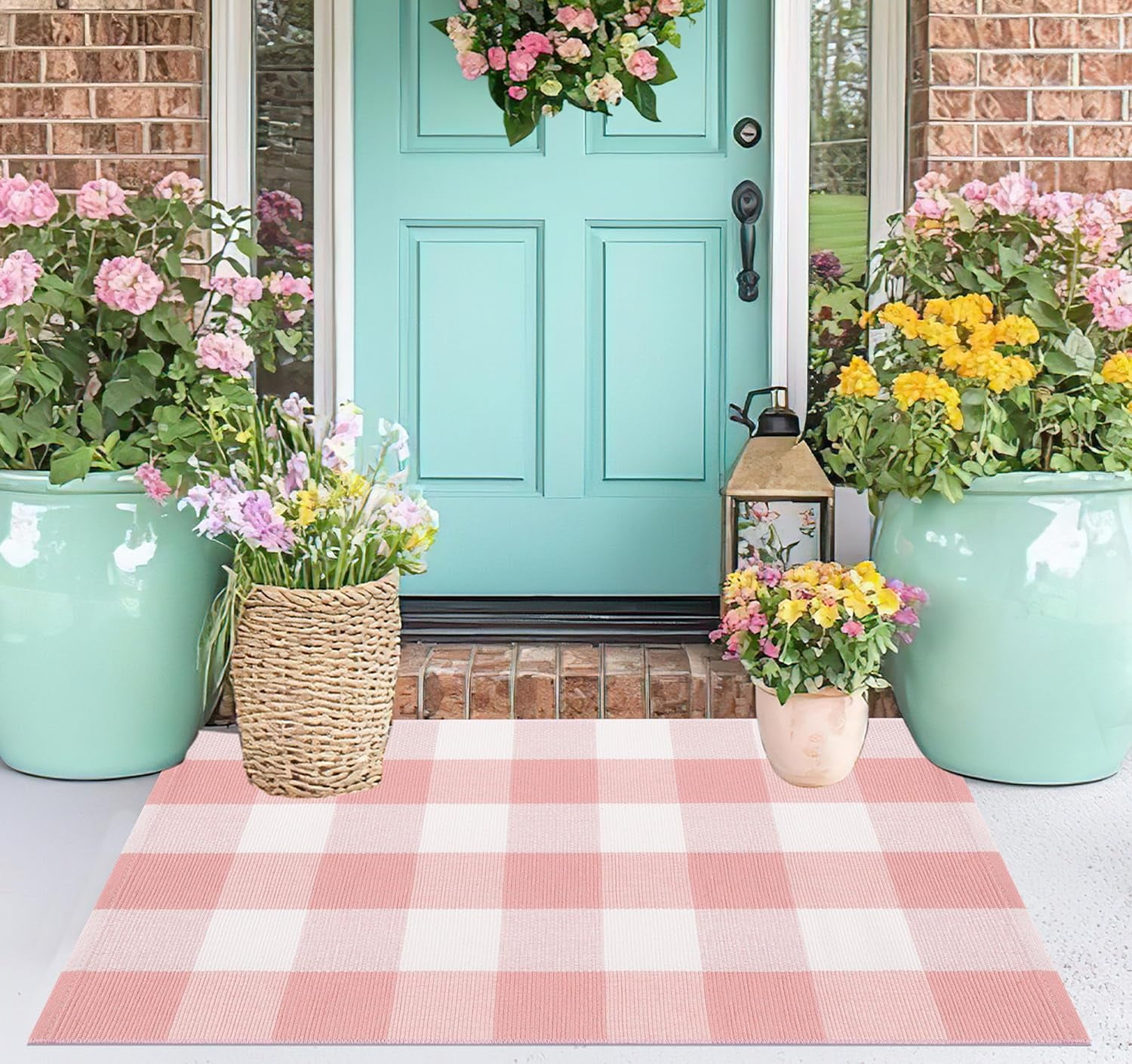 Pink and White Buffalo Outdoor Rug 24''X35'' Checkered Plaid Front Porch Rug Machine Washable Door Mat Outdoor for Layered Doormat Hello Welcome Door Mat Kitchen Farmhouse Entryway