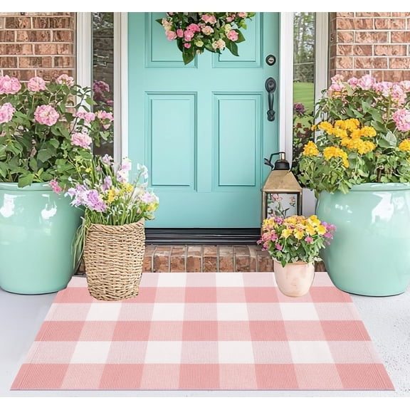 Pink and White Buffalo Outdoor Rug 24''X35'' Checkered Plaid Front Porch Rug Machine Washable Door Mat Outdoor for Layered Doormat Hello Welcome Door Mat Kitchen Farmhouse Entryway