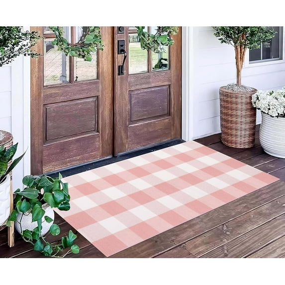Pink and White Buffalo Outdoor Rug 24''x51''Checkered Plaid Front Porch Rug Cotton Woven Machine Washable Door Mat Outdoor for Layered Doormat Hello Welcome Door Mat Kitchen Farmhouse Entryway