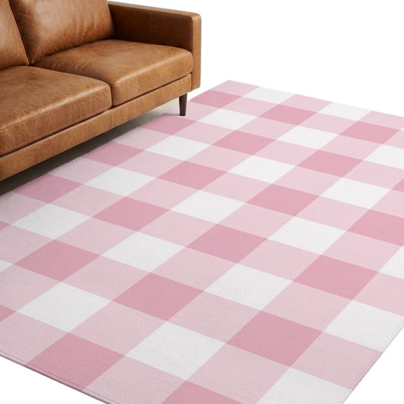 Pink and White Buffalo Plaid 9'x12' Large Area Rugs Minimalist Gingham Checks Grid Washable Area Rugs Non-Slip Indoor Floor Mats for Villa Parlour, Hotel Lounge, Recreation Room