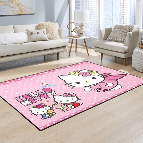 Pink White Cartoon Cat With Bow Area Rug, Soft Flannel Non-Slip Washable Floor Mat for Bedroom Living Room, 5 Cute Designs Two Sizes 70.87×47.24 / 62.99×47.24 Inch Ideal Birthday Gift for Cartoon Lov