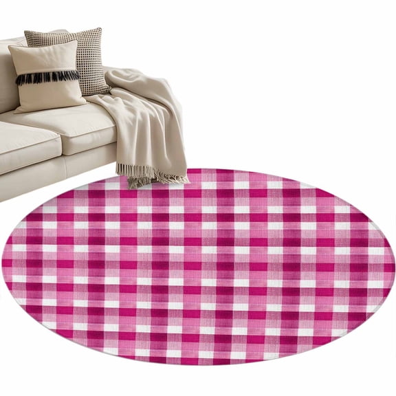 Pink White Check Area Rug, Modern Pink Theme Simple Washable Large Circle Carpet, Non Slip Round Rug for Living Room/Bedroom/Dining Room/Home Office/Dorm