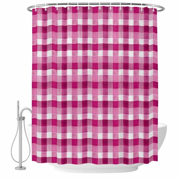 Pink White Check Bathroom Shower Curtains with Hooks, Modern Pink Theme Simple Waterproof Fabric Washable Shower Curtain for Home Hotel Bathtub Decor 60x72 Inch