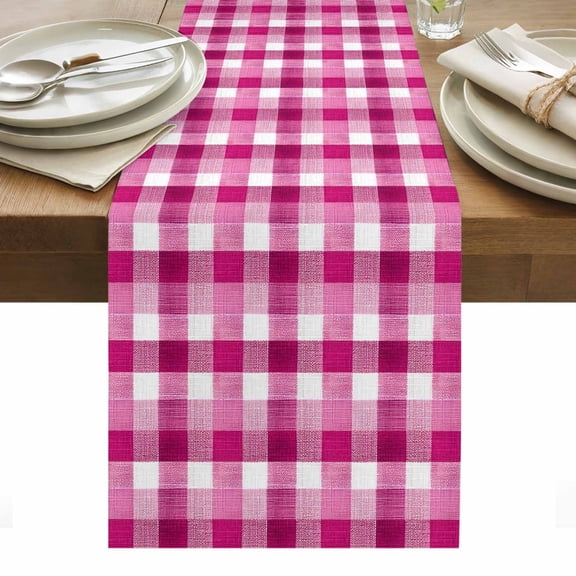 Pink White Check Table Runner, Modern Pink Theme Simple Cotton Linen Table Cloth, Tablerunner for Kitchen Dining Party Wedding Home Decor 13x36 Inch