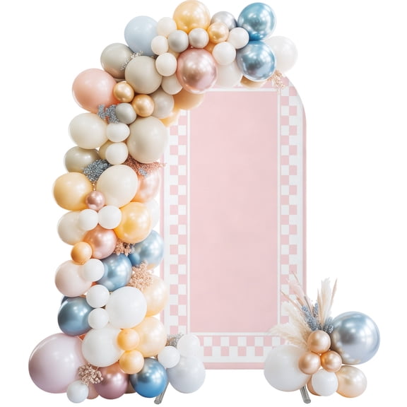 Pink White Checkerboard Border Pattern Wedding Arch Backdrop Cover 4FT ,Spandex Fitted Frame Design Wedding Arch Covers Round Top Chiara Arches Backdrop Stand Cover for Birthday Party Ceremony