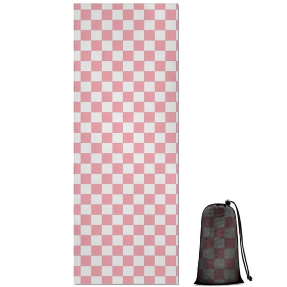 Pink and White Checkerboard Pattern Hot Yoga Mat Towel Non Slip for Hot Yoga - Quick-Drying Yoga Mat Cover with 4 Corner Pockets with Travel Bag - Hot Yoga Towel Non Slip 74"x26"