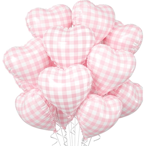 Pink White Checkered Heart Balloons, 10 Pcs Light Pink Grid Heart Shape Balloon, 18 Inch Lattice Foil Valentines Balloons for Kids Girls Birthday Wedding Valentines Bridal Baby Shower Party Decoratio