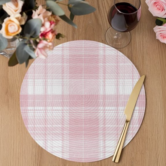 Pink White Checkered Round Braided Placemats Set of 1, Minimalist Modern Gingham Gradient Geometrical Heat Insulation Place Mats Washable Non-Slip Table Mats for Kitchen Dining Party, 13 Inches