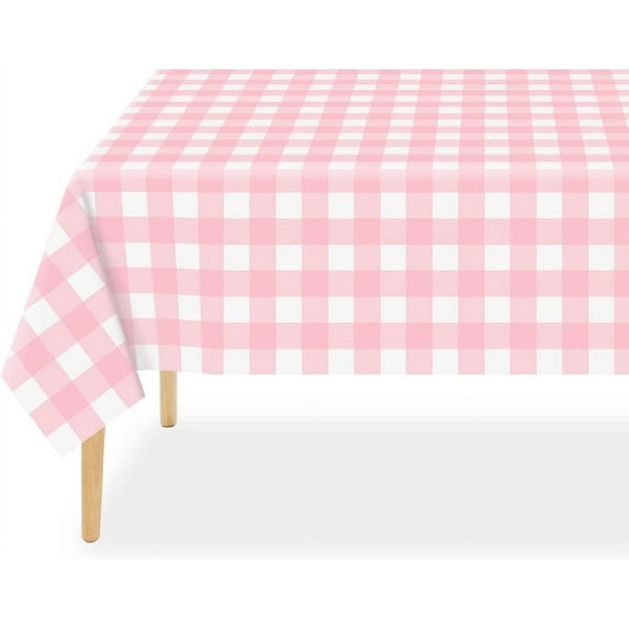 Pink and White Checkered Tablecloth - 12 Pcs 54 × 108 Inches Pink Plaid Disposable Gingham Tablecloth, Rectangle Waterproof Plastic Table Cloths for Outdoor Picnic, Birthday, Party, Baby Shower