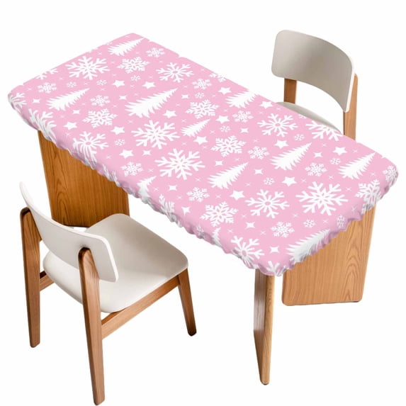 Pink White Christmas Table Cloths for 3 Foot Rectangle Tables, Xmas Tree Snowflake Winter Abstract Patio Waterproof Elastic Fitted Tablecloths, Washable Rectangular Table Cover for Camping