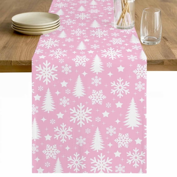 Pink White Christmas Table Runner 70 Inches Long Farmhouse Dress Scarves, Xmas Tree Snowflake Winter Abstract Dining Tablerunner for Coffee Table/Kitchen Island/Party Décor, 13" x 70"