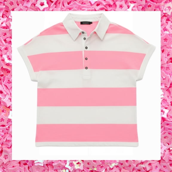 Pink & White Color Block Horizontal Striped Polo Shirt - Short Sleeve Collared Top with Cap Sleeves & Casual Fit - Ladies Size Medium