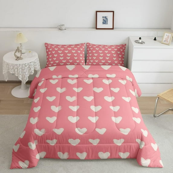 Pink White Comforter Set Full Size Girly Kawaii Heart Pattern Bedding Women Valentine Day Gift Quilt Cartoon Love Geometric Duvet Insert Love Heart Bedding Sets Bedroom Decor