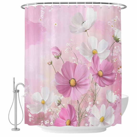 Pink White Cosmos Fabric Shower Curtain Watercolor Flower Washable Shower Curtains for Bathroom, Waterproof Bath Curtain with Hooks Home Decor 72x72in