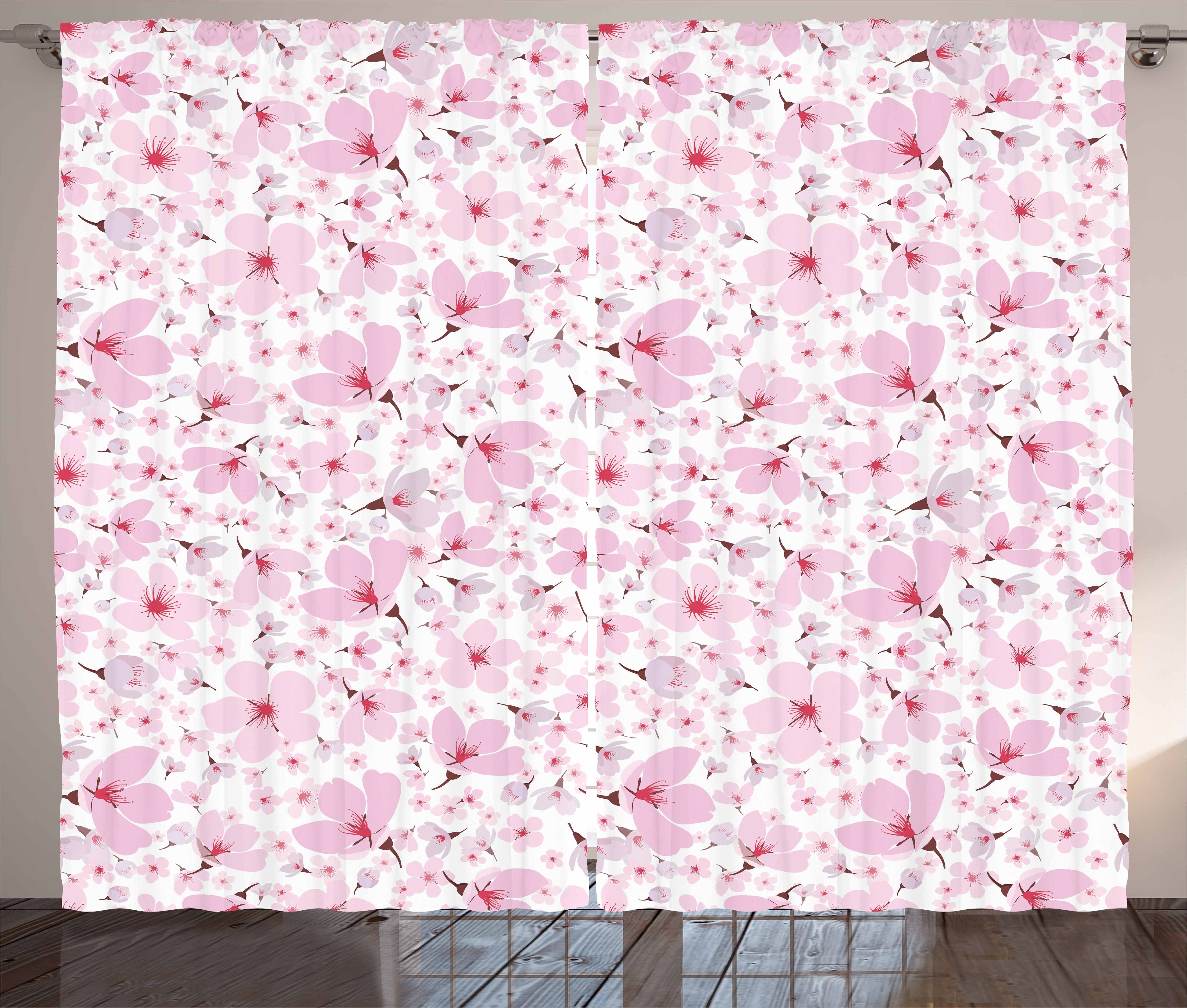 Pink and White Curtains 2 Panels Set, Symbolic Japanese Flowering
