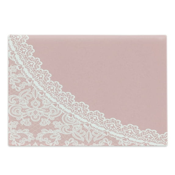 Pink and White Cutting Board, Lace Old Fashioned Border on Pink Color Wedding Theme Feminine Print, Decorative Tempered Glass Cutting and Serving Board, Large Size, Pale Pink White, by Ambesonne