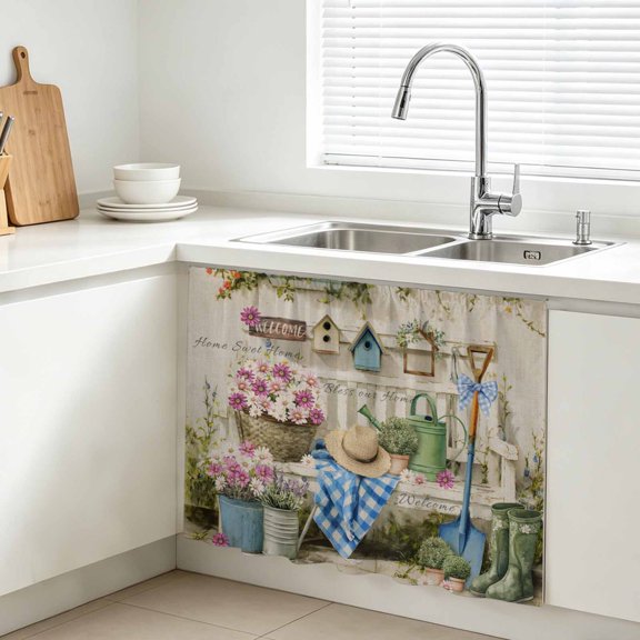 Pink White Daisy Cabinet Curtain, Orange Flower Grass Caps Shoes Home Sweet Sink Skirt for Bathroom, Under Sink shelf Curtain Privacy Drape for Kitchen Laundry Room 28x35in