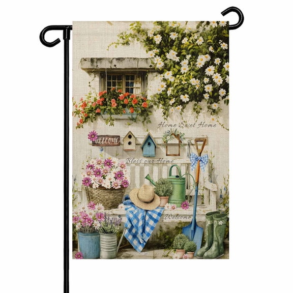 Pink White Daisy Garden Flag 12x18 Inch Orange Flower Grass Caps Shoes Home Sweet Double Sided Small Decorative Garden Flags for Outside, Outdoor Yard Porch Lawn Decoration