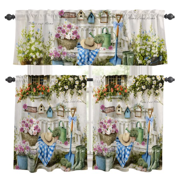Pink White Daisy Kitchen Curtains Set for Windows, Orange Flowers Grass Caps Shoes Home Sweet Curtains Valance and Tier 3 Piece Set Small Drapes 24 Inch Length for Kitchen Bedroom Decor