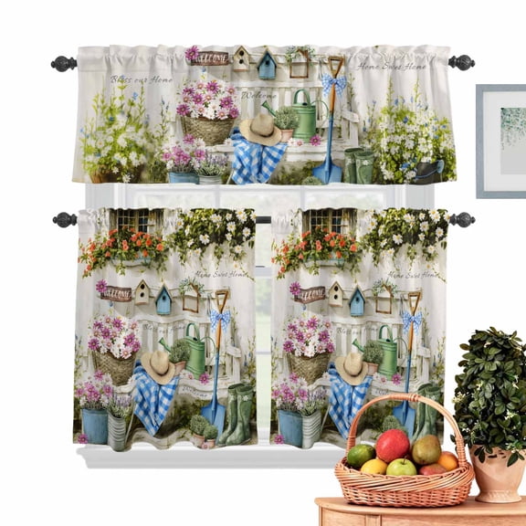 Pink White Daisy Kitchen Curtains Valances 3 Piece Set, Orange Flowers Grass Caps Shoes Home Sweet Rod Pocket Tier Curtain and Valance Drapes for Small Window 36 Inch Length for Bedroom Cafe