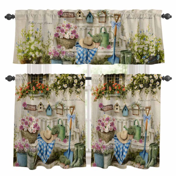 Pink White Daisy Kitchen Curtains and Valances Set, Orange Flower Grass Caps Shoes Home Sweet 3 Piece Curtains Valances and Tiers Set Rod Pocket for Kitchen Bathroom Windows 36 Inch
