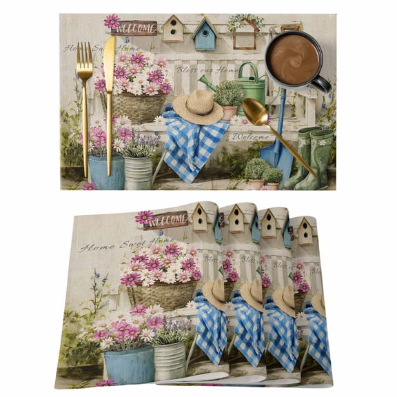 Pink White Daisy Placemats Set of 1, Orange Flower Grass Caps Shoes Home Sweet Non-Slip Place Mats Washable Table Mats for Kitchen Dining Table Decorations Indoor/Outdoor