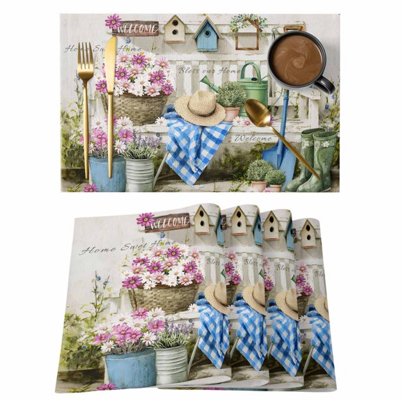 Pink White Daisy Placemats Set of 1 Orange Flowers Grass Caps Shoes Home Sweet Heat Insulation Washable Place Mats, Non-Slip Table Mats for Dining Table Party Kitchen Decor, 13x19 Inch