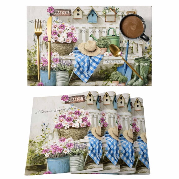 Pink White Daisy Placemats Set of 4, Orange Flowers Grass Caps Shoes Home Sweet Non-Slip Place Mats Washable Table Mats for Kitchen Dining Table Decorations Indoor/Outdoor