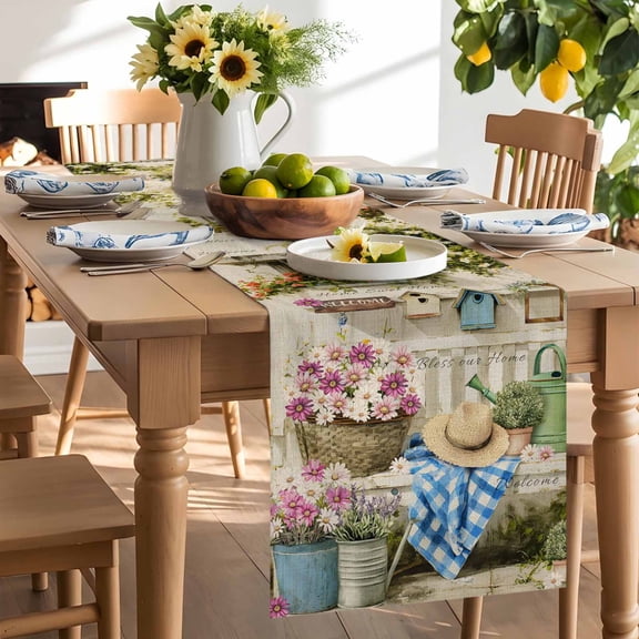 Pink White Daisy Table Runner, Orange Flower Grass Caps Shoes Home Sweet Washable Kitchen Table Runners Dress Scarves for Dining Table Decorations Party/Restaurant/Indoor Outdoor Use, 13x60in