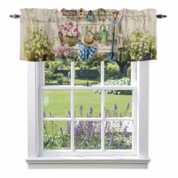 Pink White Daisy Valance Curtain Orange Flower Grass Caps Shoes Home Sweet Window Valances Rod Pocket Short Curtains Window Treatments for Kitchen Bedroom Bathroom Laundry 54" x 18"