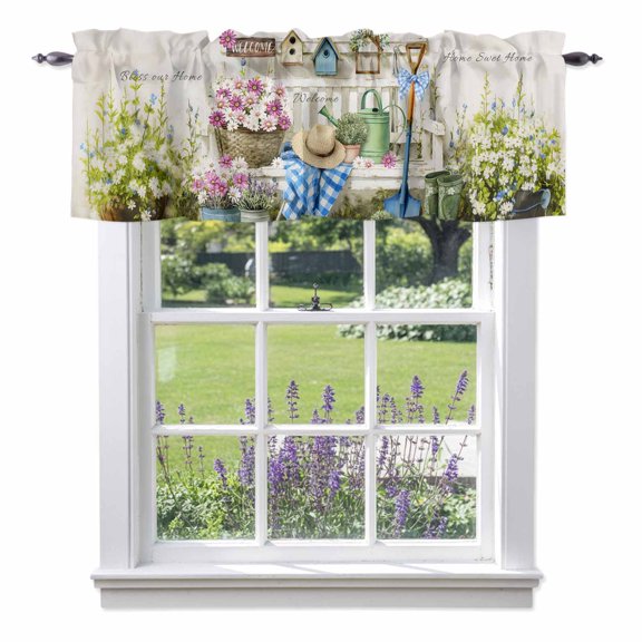 Pink White Daisy Valance Curtain Orange Flowers Grass Caps Shoes Home Sweet Window Valances Rod Pocket Short Curtains Window Treatments for Kitchen Bedroom Bathroom Laundry 60" x 14"