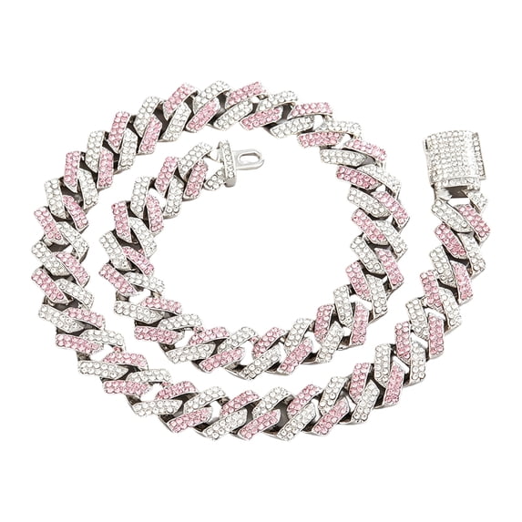 Pink&White Dog Chain Collar, Bling Diamond Cuban Link Puppy Collar Glitter Rhinestone Cat Collars for Small Medium Large Pet Dogs, 8-Inch