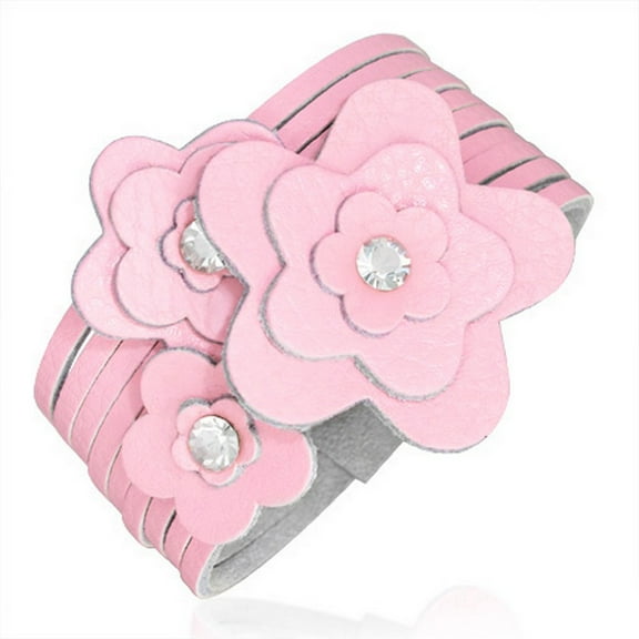 Pink White Faux PU Leather Alloy CZ Deco Star Flower Snap CZ Womens Bracelet