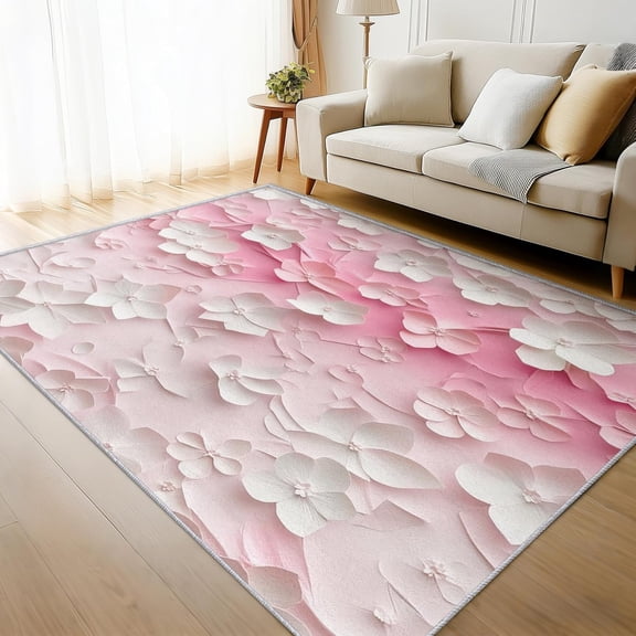 Pink White Floral Area Rug, Botanical 3D Flower Design Indoor Carpet, Washable Non Slip Low Pile Soft Thin Rug for Living Room Bedroom Home Decor Mat 2x3ft