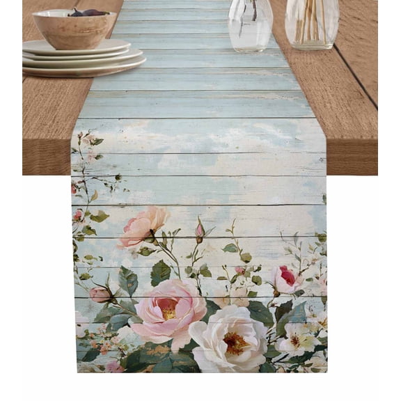 Pink White Floral Burlap Cotton Table Runner 13x90 Inches Long, Spring Leaves Garden Pastoral Country Farmhouse Table Runners, Outdoor Dining Tablecloths Decor for Baby Shower/Party/Wedding
