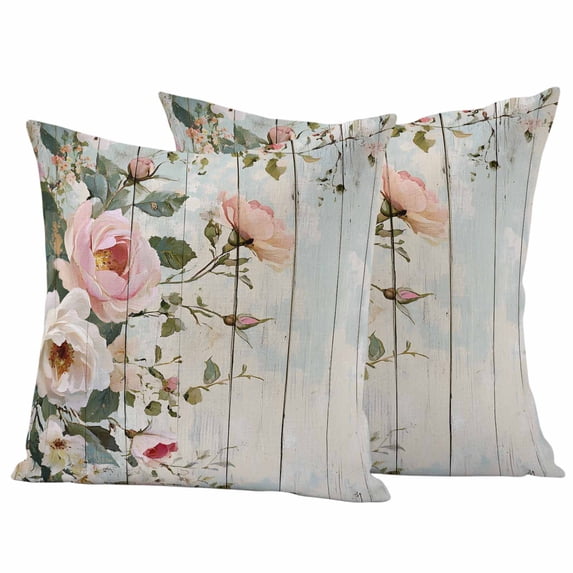 Pink White Floral Outdoor Waterproof Pillow Covers, Spring Leaves Garden Pastoral Country Decorative Square Throw Pillowcase Sofa Cushion Sham for Patio/Couch/Chair, 26"x26" 2 Pack