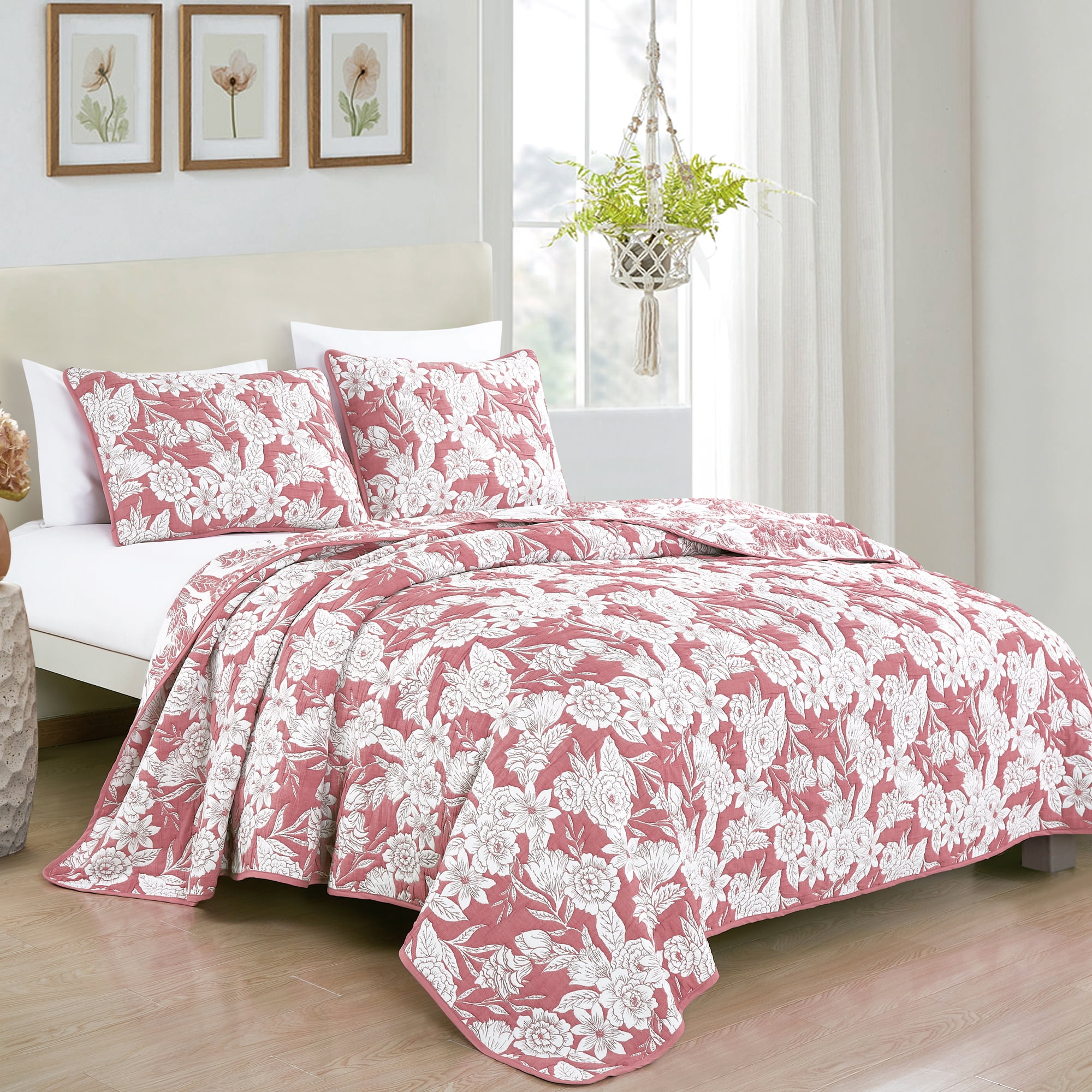 Pink & White Floral Pattern 3-Piece Reversible Cotton Matelasse Bedspread Set,King