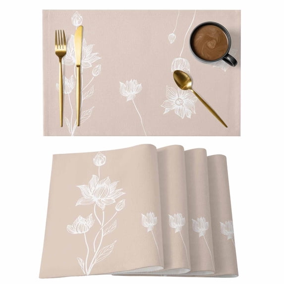 Pink White Floral Placemats Set of 4, Abstract Art Summer Botanical Placemats for Dining Table, Place Mats for Kitchen Tabletop, Waterproof Wipeable Dining Table Mats Set