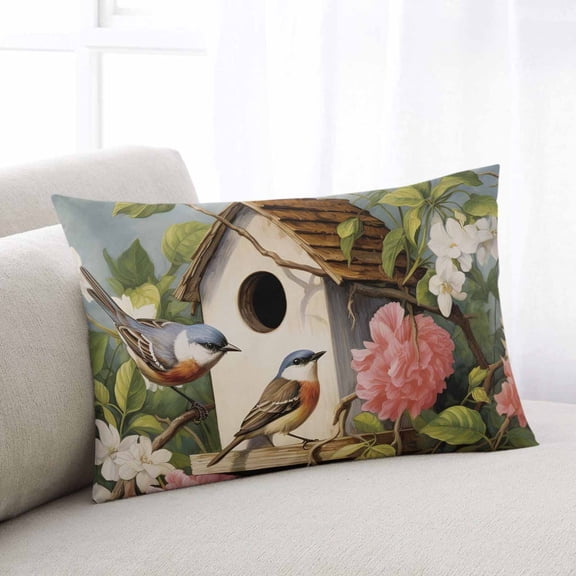 Pink White Floral Throw Pillow Cover, Spring Country Bird House Rectangle Decorative Pillow Case Protector Soft Cushion Cover Lumbar Pillowcase for Couch Sofa Bedroom Car Chair Decor 20x26 Inch