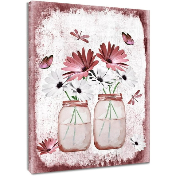Pink and White Floral Wall Art Vintage Farmhouse Flower Canvas Poster Butterfly Dasiy Flower Vertical Unframed Prints Wall Decor for Bathroom Living Room Bedroom Kitchen Office,12Wx16L inch