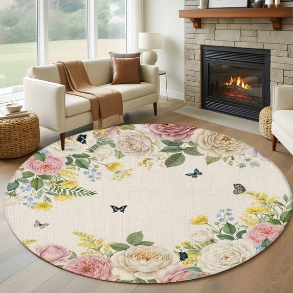 Pink White Flowers 6ft Round Rugs, Spring Floral Elegant Pastoral Botanical Rustic Non-Slip Area Rugs for Living Room Bedroom Kitchen, Low Pile Dining Room Kicthen Circle Carpet, Indoor Floor Rug