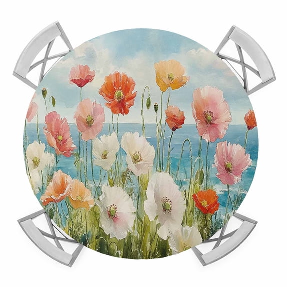 Pink White Flowers Elastic Fitted Round Table Cover Ocean Oil Painting Waterproof Outdoor Tablecloth for Holiday Party, Picnic, Patio & Dining Fits Tables Up to 55"-60"