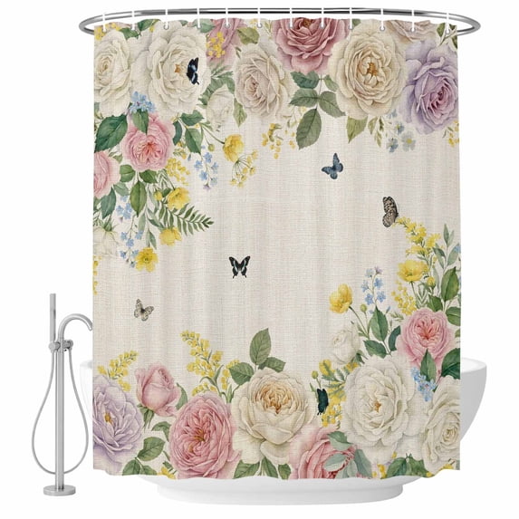 Pink White Flowers Shower Curtain, Waterproof Shower Curtains for Bathroom, Spring Floral Elegant Pastoral Botanical Rustic Washable Fabric Bathtub Curtain Set Bath Decor with 12 Hooks Stall 36"x72"